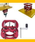 Top Shelf Metal Router Lift Base With Zero Lag Height Control Bulletproof Insert Plate Kit with red and yellow components.