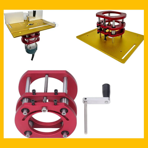Top Shelf Metal Router Lift Base With Zero Lag Height Control Bulletproof Insert Plate Kit with red and yellow components.