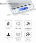 Close-up of Ultra Precise Digital Kitchen Scale With Backlit Display, showing stainless steel platform and control buttons.