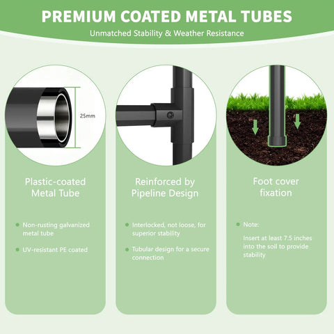 Diagram of Tall 88 Inch Garden Arch Trellis metal tubes, showing plastic coating and foot cover fixation features for stability.