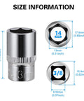 Diagram of Eight Piece 13mm Shallow Sockets Set With 3/8 Inch Drive, 6 Point Design dimensions and corrosion resistant build.