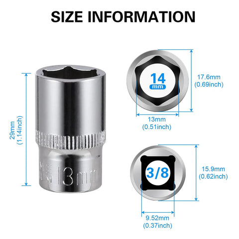 Diagram of Eight Piece 13mm Shallow Sockets Set With 3/8 Inch Drive, 6 Point Design dimensions and corrosion resistant build.