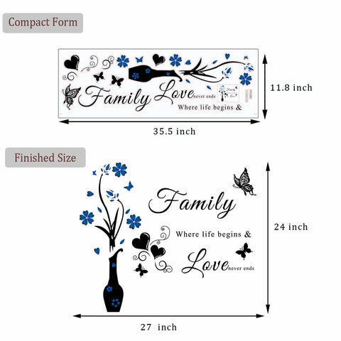 Inspirational Family Wall Decal Set With Vase Blue Flower And Hearts Vinyl Lettering for Living Room Decor DIY Easy Art