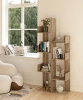 Cactus Shaped Four Tier Bookshelf With Open Cube Shelves Standing 61.4 Inches Tall, showcasing decor and books in a living room setting.