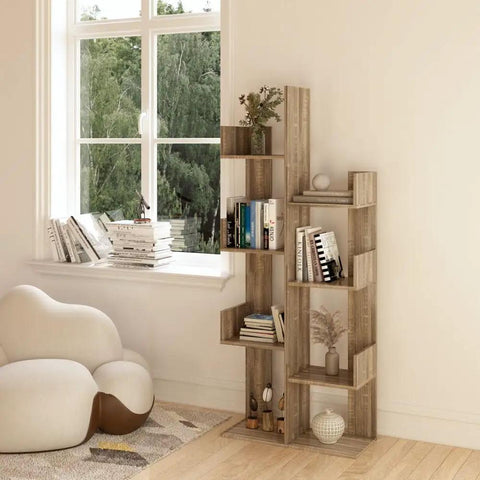Cactus Shaped Four Tier Bookshelf With Open Cube Shelves Standing 61.4 Inches Tall, showcasing decor and books in a living room setting.