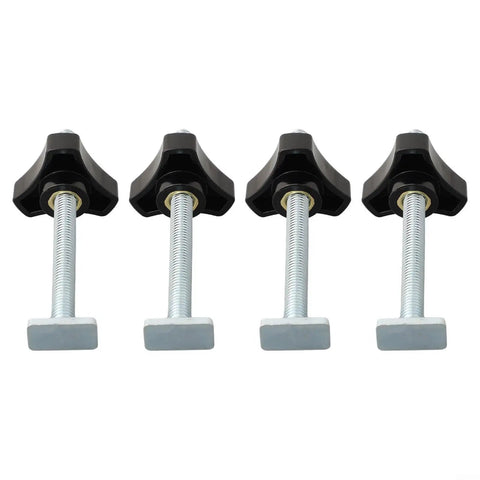 Four Pack M8 T Slot Bolts And Knobs Clamps With Plastic Handles For Woodworking Jigs Fixtures, Heavy Duty Workbench T Track Accessories Kit In Silver Black To Lock Your Project Down Smooth. 4 black plastic knob bolts with silver M8 threaded shafts