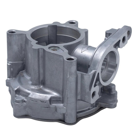Close-up of TUCAREST brake vacuum pump housing, silver aluminum automotive component