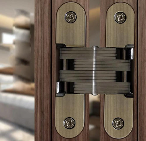 Close-up of installed 2 Pack Concealed Hidden Mortise Door Hinges For Folding Doors In Stainless Steel With Screws Invisible Cross Door Hinge Heavy Duty Built To Last And Rust Resistant Easy Install Ideal For Hotels Clubs And Wooden Doors.