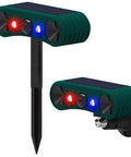 Solar Indoor Outdoor Motion Sensor Alarm With 129dB Siren Ultrasonic Security Alarm Four Modes Red And Blue Strobe Light Weatherproof Yard Garden Farm Guard No Fuss Setup 2 Pack shown with stake and wall mount