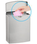 Go To Stainless Steel Sanitary Napkin Disposal Wall Mount Receptacle With Flip Top Lid, hand disposing item, public restroom use