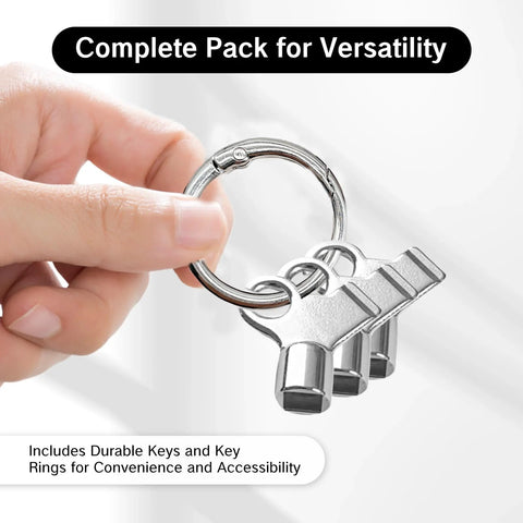 Radiator bleed keys on a keyring; three chrome metal keys held by a hand.