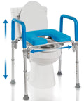 Must-Have Raised Toilet Seat With Handles For Seniors And Elderly Safety in blue, adjustable height, soft-padded armrests, installed on toilet.