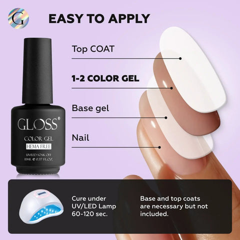 Instructions for applying Six Piece Purple Gel Nail Polish Set Dope HEMA Free Lavender Lilac Violet Royal Purple And Dark Blue Soak Off UV LED Gel Kit