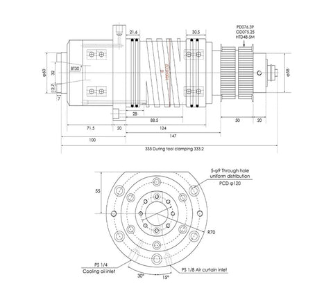 Technical diagram of BT30 CNC Router Spindle 3KW to 5.5KW High Speed Milling Machine with 7008C ceramic bearings, water-cooled.