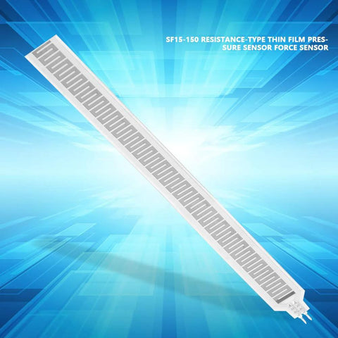 Front view of SF15-150 thin-film pressure sensor strip, white with interdigitated electrodes, 150 mm by 15 mm.
