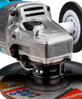 Badass Cordless Angle Grinder Kit Including Dual 40V Max Batteries And Smart Charger For Swift 125mm Metal Cutting showing grinding disc and motor.
