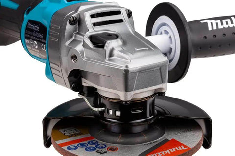 Badass Cordless Angle Grinder Kit Including Dual 40V Max Batteries And Smart Charger For Swift 125mm Metal Cutting showing grinding disc and motor.