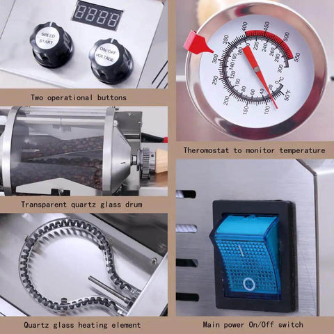 Direct Fired 450g Home Coffee Roaster Machine With 110V Electric Operation, stainless steel shell, quartz glass elements visible