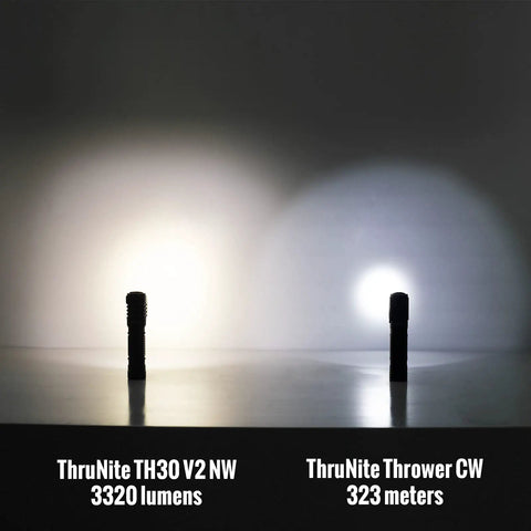 Comparison of ThruNite TH30 V2 NW at 3320 lumens and ThruNite Thrower CW with 323 meters range.