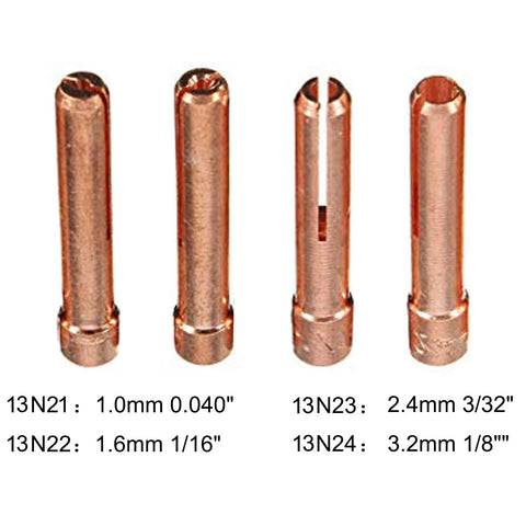 Copper collets for TIG Welding Torch 37 Piece Gas Lens Kit Accessories For DB SR WP 9 20 25 TIG Torch, labeled by size.