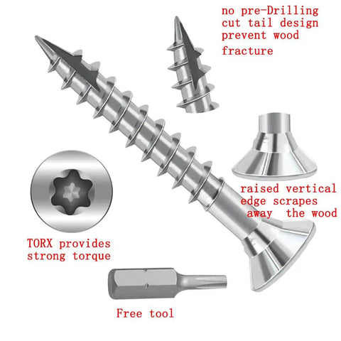 Heavy Duty Wood Screws With Torx Star Drive Heads And Countersunk Points For Quick Deck Builds Plus Hella Rock Solid Grip On Lumber Projects Includes Two Hundred Galvanized Steel Fasteners In A Compact Carry Bag That Never Strips Or Backs Out Early - Detailed view of Torx heads and countersunk design.