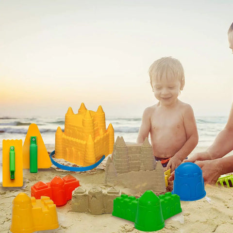 Child building sandcastle using 7 Piece Beach Sand Toys Set With Buckets Shovels Rakes And Castle Sand Molds For Kids Bright And Kid Friendly Beach Accessories