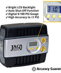 Slick And Dead Simple 12 Volt Portable Tire Inflator With Auto Shut Off And High Precision Digital Gauge front view showing bright LCD and controls.