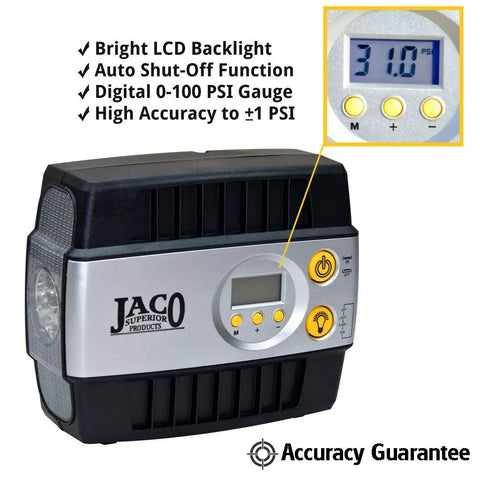 Slick And Dead Simple 12 Volt Portable Tire Inflator With Auto Shut Off And High Precision Digital Gauge front view showing bright LCD and controls.