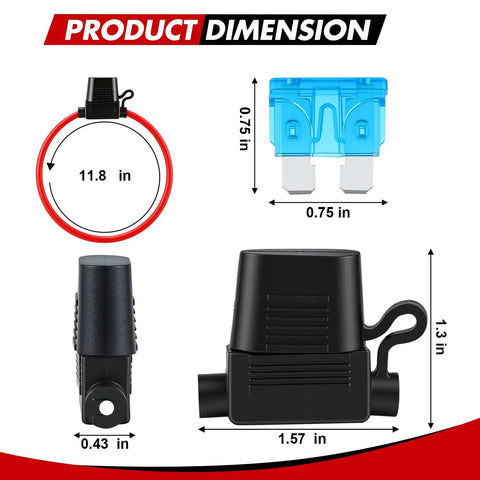 Kickass 4 Pack 12V Waterproof Inline Fuse Holders With 16AWG Male To Male Wire And 12 ATC ATO Blade Fuses 7.5 10 15 Amp dimensions