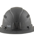 Front view of a Vented Full Brim Hard Hat With KARBN Pattern, Class C Type 1 ANSI Z89.1 And CSA Z94.1 Ready, grey color, polycarbonate shell