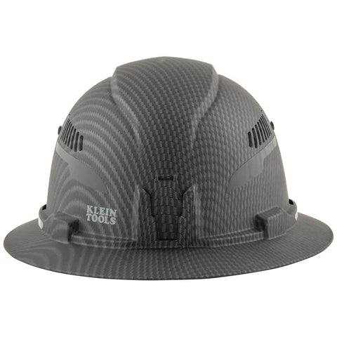 Front view of a Vented Full Brim Hard Hat With KARBN Pattern, Class C Type 1 ANSI Z89.1 And CSA Z94.1 Ready, grey color, polycarbonate shell