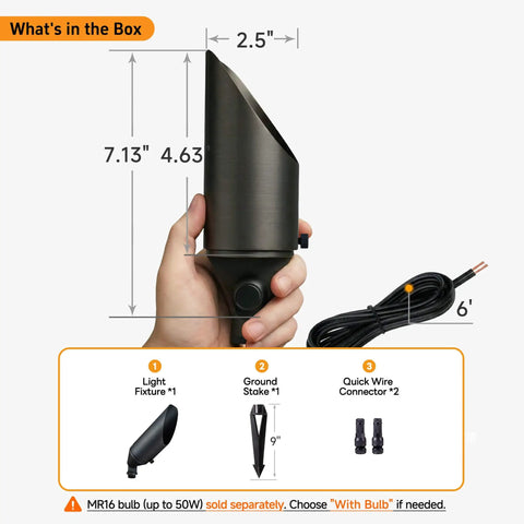 Hand holding Brass Outdoor Landscape Spotlight Kit, Low Voltage 12V Wired LED Uplights, with wire and connector.