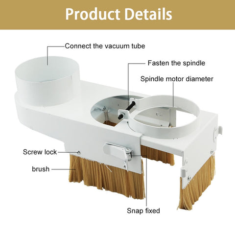 Keep Your CNC Shop Sweat Free With This Tough Spindle Dust Shoe Featuring An Auto Adjusting Clamp And Massive Three Point Four Inch Dust Port Designed For Wood Routing To Blast Away Chips And Keep Rails Clean As A Whistle. Image showing detailed features like vacuum tube connection, spindle fastening, and brush.