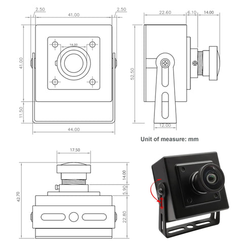 Technical diagram and front view of Lightning Fast USB Cam For PC With 1080p 60fps, 120 Degree Wide Angle, USB Security Cam.