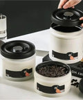 Heavy Duty Glass Storage Jars With Kickass Vacuum Seal Technology That Keeps Coffee Beans And Fresh Grains Crisp in kitchen setup.