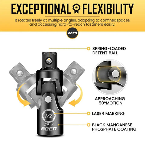All In One 21 Piece Drive Tool Accessory Set With 1/4 Inch, 3/8 Inch And 1/2 Inch Sockets Includes Adapters, Extension Bars, Swivel Joints, Impact Bit Holders And 1/4 Inch Hex Shank Built From Premium CR-V Alloy Steel, featuring flexible swivel joint with spring-loaded detent ball, laser marking.