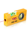 Slick Little Laser Level Tool With LED Illumination, 30 Ft Range, Pocket Sized Magnetic Spirit Level For 90 Degree And 180 Degree Angles, One Hand Use, Lightweight ABS Housing For Clear Visibility In Low Light. Yellow ABS pocket laser level with red beam, LED vials and magnetic side.