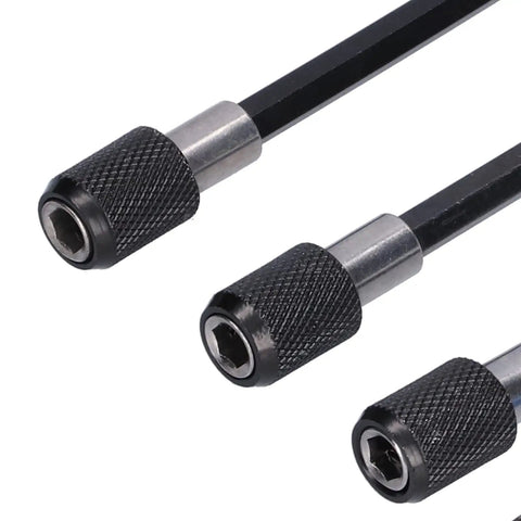 Colorful 7 Piece Socket Adapter Kit With Hex Shank And Extension Set For Screwdriver Bits In 1/2 1/4 And 3/8 Inch Sizes Makes Heavy Duty Work Easy Peasy Anytime, black steel close-up