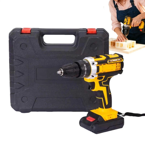 21V Cordless Drill And Screwdriver Set Boasts Multiple Drive Modes And Adjustable Torque For Precision Work On Light Materials beside a durable carrying case.