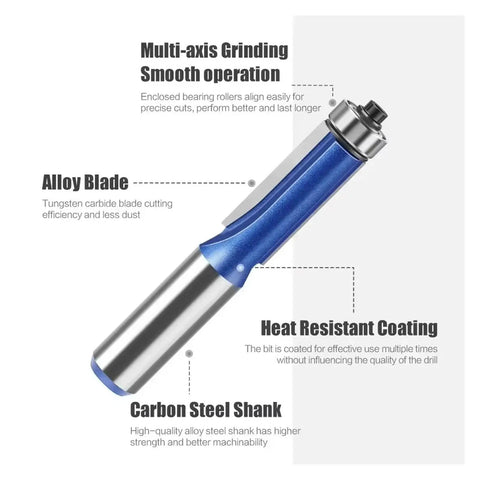 Super Cool Extended Trimming Router Bit For Pros With 12mm Or Half Inch Shank, alloy blade, carbon steel shank design.