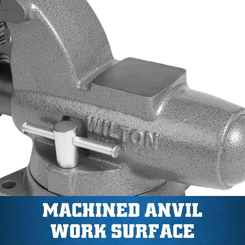 Heavy Duty Pipe And Bench Vise Four And One Half Inch Jaw Width With Six Inch Maximum Opening And Four And Three Fourths Inch Throat Cast Iron Construction Sealed For Longevity And Smooth Operation With Precision Front Jaw Slide, machined anvil