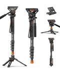 Lightweight Aluminum Video Camera Monopod With Feet For Travel Extends From 26 Inches Folded To 73 Inches, Supports Up To 22 Lbs, Removable Tripod Base, Includes Q6 Fluid Head For DJI RS4 And Manfrotto Compatibility displayed with multiple views.