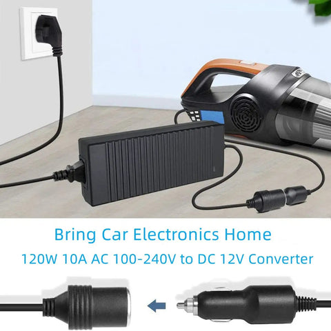 High Output AC To DC Converter 100V To 240V To 12V 10 Amp 120 Watt Plug And Play Power Adapter connected to a car vacuum.