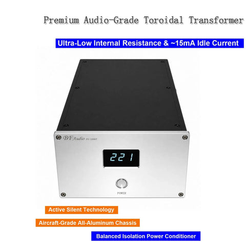 Balanced Isolation Power Conditioner And Noise Filter For Hifi Rig Setup 500 Watt Transformer with aluminum chassis and digital display.
