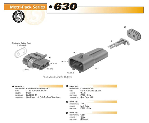 Diagram of 4-Pack 2-Pin 46 Amp Waterproof Metri-Pack Connector Terminals And Seals For 10-12 AWG, showing components and dimensions.