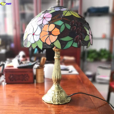Tiffany Style Grape Rose Dope Stained Glass Table Lamp Handcrafted For Bedroom Living Room And Home Office Desk Decor With LED E26 Bulb Included 12x12x18 Inches