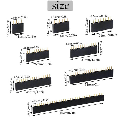 104 Pieces 2.54mm Pin Header Assortment Kit With Male And Female Headers Includes 4 6 8 10 12 16 20 40 Pin Straight Single Row PCB Headers In Clear Storage Box size chart showing various pin lengths.
