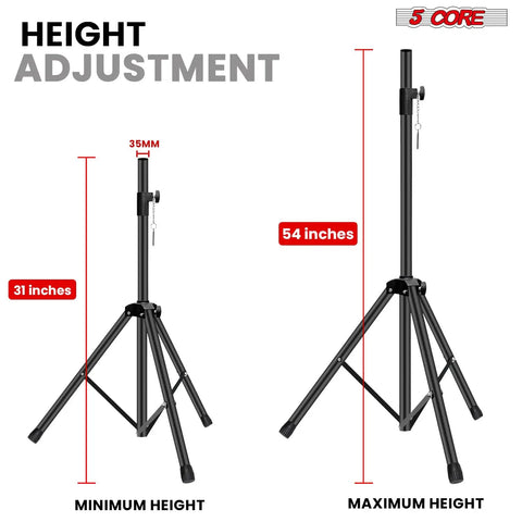 Heavy Duty Adjustable Speaker Stands Pair, 54 Inch Tripod Bases With 132 Lbs Capacity, 35mm Pole Mount height range