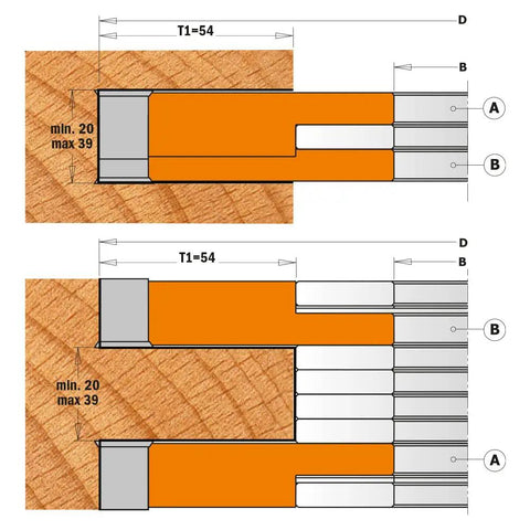 Technical diagram showing the adjustment specifications for Badass Two Piece Adjustable Grooving Router Set Built With Heavy Duty Aluminum And Four Carbide Knives.