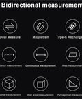 Icons for Bidirectional measurement features of Dual Laser Rangefinder With Rechargeable Battery And Big Digital Screen Measuring Up To One Hundred Meters For Quick Indoor And Outdoor Tasks That Spare Your Knees While You Knock Out Any Home Project.